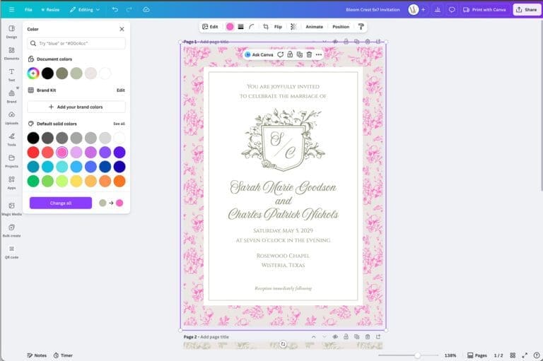 Screenshot of Canva interface demonstrating how to customize wedding invitation colors, showing pink floral border template with monogram crest